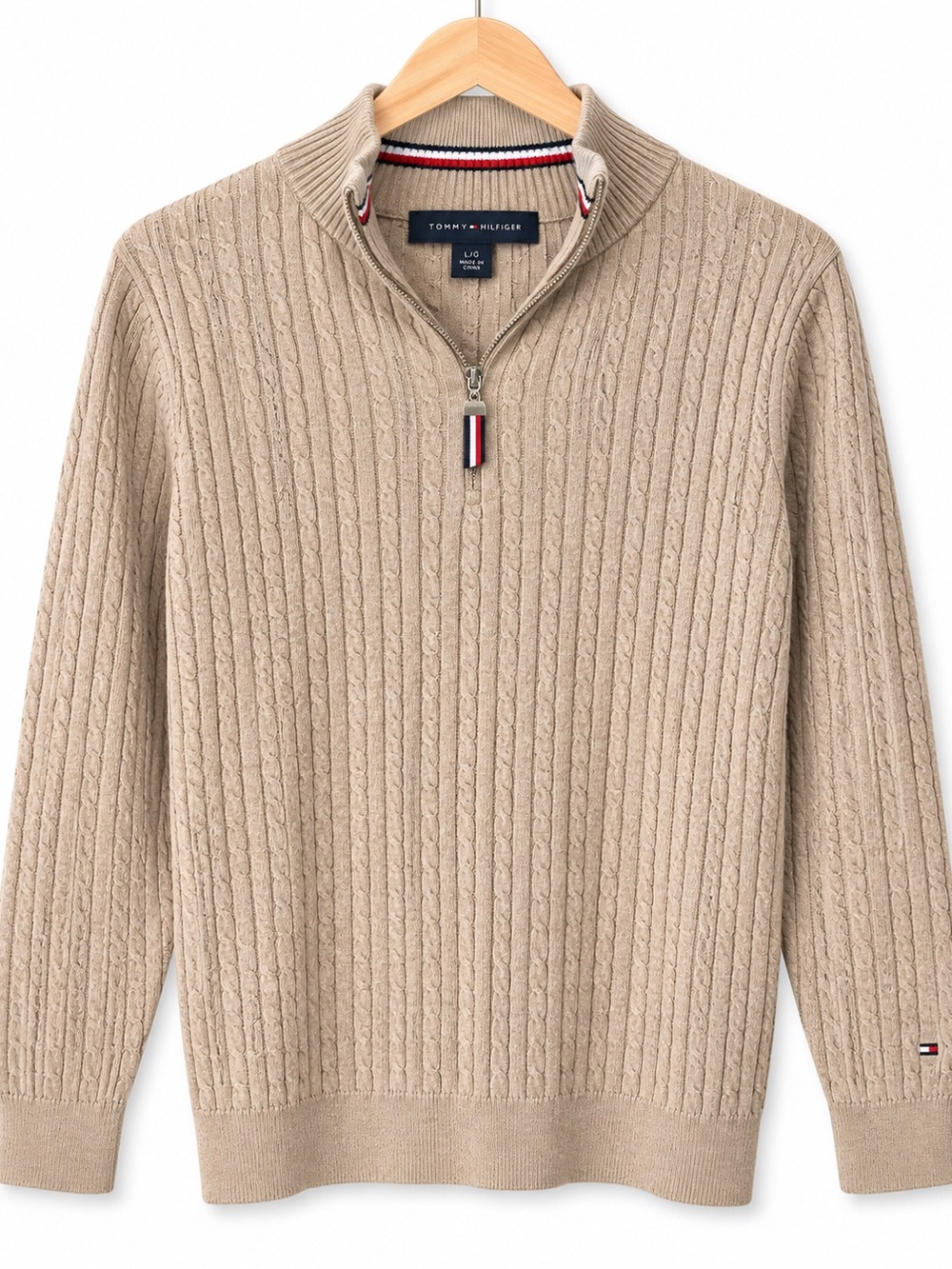 Tommy Hilfiger Women’s Cable Knit Quarter Zip Sweater Oatmeal Tan L